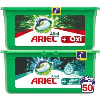 Pachet detergent de rufe capsule Ariel All in One PODS+ Oxi Efect 25 spalari + Detergent de rufe capsule Ariel All in One PODS+ Unstoppables 25 spalari