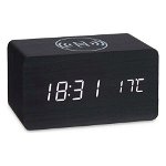Ceas de masa cu alarma si incarcator wireless Connor, Gift Decor, 15 x 7 x 7.5 cm, MDF, negru, Gift Decor