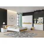 Set Dormitor MILANA, 5 piese, pat 160x200 cm, dulap 4 usi, comoda, 2 noptiere, corp PAL alb, fronturi PAL alb cu decor MDF, Marcel Prod