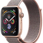 Smartwatch Apple Watch 4, 44mm, LTPO OLED Retina Display, GPS, Bluetooth, Wi-Fi, Bratara Sport Loop Roz, Carcasa aluminiu, Rezistent la apa si praf (Gold)