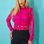 Camasa Ryna, cu maneci lungi, din dantela, Fucsia, FashionForYou