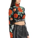 Dolce & Gabbana Silk Crop Top With Red Rose Print ROSE FDO NERO