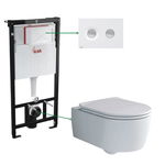 Set vas wc rimless cu capac soft close Foglia Alice, rezervor incastrat si clapeta alb mat cu butoane crom mat, Alcadrain, Foglia