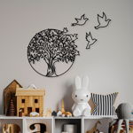 Decoratiune de perete Metal Tree And Birds_3, Negru, 56x1x61 cm, Tanelorn