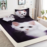 Husa de pat cu elastic + 2 Fete de Perna 160x200, Cute White Cat, JOJO HOME