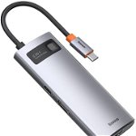 multifunctional Metal Gleam 6 in 1 - Alimentare USB tip C 100 W / HDMI 4K 30 Hz / 3x USB 3.2 Gen 1 / RJ45 1 Gbps Gri (CAHUB-CW0G), Baseus