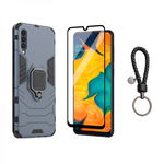 Set protectie 2 in 1 pentru Samsung Galaxy A30s cu husa hybrid antisoc cu stand inel si folie sticla fullsize si breloc cadou dark blue