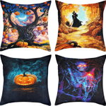 Set de 4 huse pentru perna Qpout, cu motive de Halloween, textil, multicolor, 44 x 44 cm