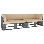 Set canapea din paleti cu 2 locuri vidaXL, cu perne, gri, lemn pin tratat, 25.96 kg, 110x65x55 cm