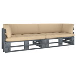 Set canapea din paleti cu 2 locuri vidaXL, cu perne, gri, lemn pin tratat, 25.96 kg, 110x65x55 cm