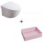 Set vas wc rimless cu capac soft close Alice plus lavoar baie dreptunghiular roz mat, Foglia