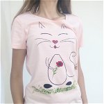 Tricou roz pictat manual cu pisicuta, Shopika