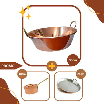 Pachet TopChef, Ceaun din Cupru Masiv 38cm + Cratita din Cupru 18cm + Tigaie Paella, Manere din Bronz 24cm, Fabricadetuica