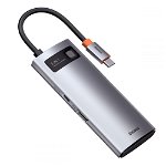 Adaptor HUB aluminiu 5-in-1 Baseus Metal Gleam, USB-C - 3x USB 3.0, 1x HDMI, 1x USB-C, 30Hz, Gri, Baseus