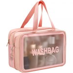 Portfard geanta cosmetice voiaj fermoar si maner doua compartimente pentru separare umed-uscat impermeabila pentru calatorii si depozitare produse cosmetice roz, Focstar