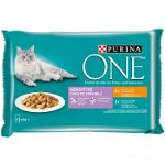 PURINA One Sensitive, Pui/Ton, pachet mixt plic hrană umedă pisici, sensibilități digestive, (în sos), 85g x 4, Purina One