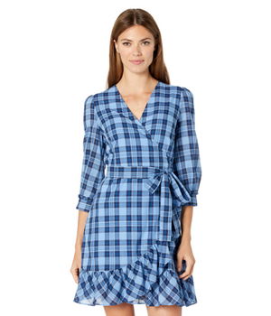 Imbracaminte Femei REIGNING CHAMP Reba Flutter Wrap Dress in Angie Plaid Blue Multi, REIGNING CHAMP