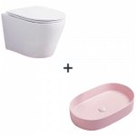 Set vas wc rimless cu capac soft close Oslo plus lavoar baie oval roz mat, Foglia