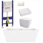 Set cada freestanding, lavoar cu ventil, vas wc rimless cu capac soft close, rezervor incastrat cu clapeta, Foglia