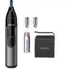 Philips Trimmer pentru nas/urechi Philips NT3650/16, baterie, lavabil, tehnologie Precision Trim, otel inoxidabil, pieptene pentru sprancene, pieptene 5 mm, Gri, Philips
