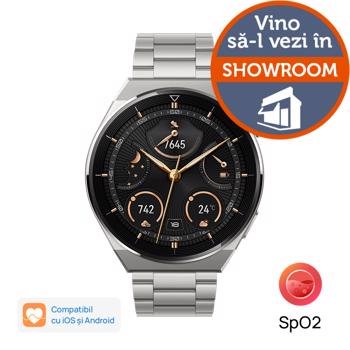 Smartwatch Huawei Watch GT 3 Pro Odin-B19M, Display AMOLED 1.43", 32MB RAM, 4GB Flash, Bluetooth, GPS, Carcasa titan 46mm, Bratara titan, Rezistent la apa, Android/iOS (Argintiu)