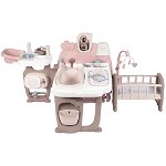 Centru de ingrijire pentru papusi Smoby Baby Nurse Doll`s Play Center maro cu 23 accesorii, Smoby