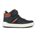 Geox, Pantofi sport high-cut din piele ecologica, Albastru inchis, Maro scortisoara, 28 EU