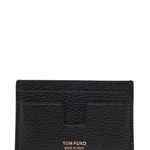 Tom Ford Black T Line Card-Holder with Gold-Colored Embossed Logo in Grainy Leather Man Black, Tom Ford