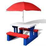 Masa de picnic pentru copii cu banci & umbrela, vidaXL, 67x15,5x24cm, 4 locuri, Sticla securizata, Multicolour