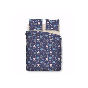 Lenjerie de pat 4 piese Kring Olia, pentru 2 persoane, 144 TC, bumbac 100%, Albastru/Crem