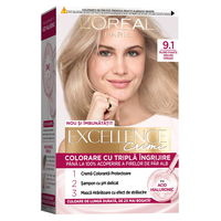 Vopsea de par permanenta Excellence Creme 9.1 Blond Foarte Deschis Cenusiu, 192ml, L'Oreal Paris, L'Oreal Paris