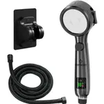 Set  Para Dus de Inalta Presiune cu Termometru digital, Afisare temperatura, 4 moduri pulverizare, Comutator pornire/oprire, Afisare LED, ABS, Furtun 1,5 M din otel si suport pentru para, Duze de silicon Anticalcar, 0-90°, Negru
