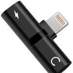 Mini Adaptor iUni compatibil cu Apple iPhone, Lightning Splitter, Dual port, Adaptor Casti si Incarcare, Black