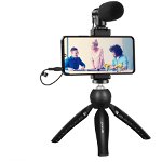 Accesoriu Camera Video de Actiune cu microfon si suport pentru telefon, 8.5cm, Negru, PULUZ