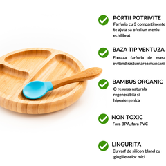 Set diversificare copii farfurie si lingurita din bambus Oaki albastru, Oaki