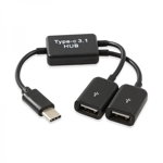 Mini Hub adaptor USB Type-C 3.1 tata la 2 x USB 2.0 mama cu functie OTG negru, krasscom