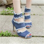 Sandale de vara pentru femei, din material denim, sandale stiletto cu toc inalt, decupate la varf, Neer