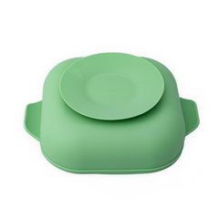 Set diversificare pentru copii farfurie compartimentata cu ventuza capac si lingurita din silicon Oaki verde pal, Oaki