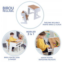 Birou pentru copii Reglabil, din MDF, cu Scaunel reglabil, Spatiu de depozitare, Utilizari multiple, Alb, Suporto