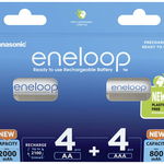 Acumulatori Panasonic Eneloop 2100 cicluri, include 4 x R6 AA 2000mAh + 4 x R3 AA 800mAh, BK-KJMCDE44E, Panasonic