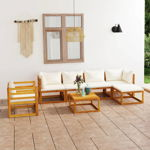 Set mobilier de grădină cu perne, 7 piese, crem,lemn masiv acacia