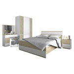Dormitor Lara, Stejar Sonoma Si Alb, Pat Cu Dimensiunea Saltelei 160 x 200 Cm, Dulap, 2 Noptiere si Comoda