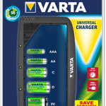 Incarcator Varta Universal 57648101401, 5 acumulatori AAA ( R3 ) / AA ( R6 ), C ( R14 ), D ( R20 ), 9V, 3 LED 100-240V
