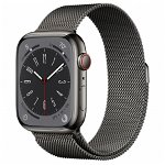 Smartwatch Apple Watch S8 Cellular, ecran LTPO OLED, Bluetooth, Wi-Fi, GPS, Bratara otel 45mm, Carcasa otel, Rezistent la apa 5ATM (Negru/Argintiu)