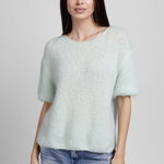 Pulover pufos cu maneca scurta, cu mohair si lana, verde menta, Shopika