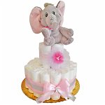 Tort Scutece cu 1 etaj, mascota elefant si mesaj personalizat, DSPH004