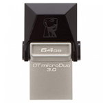 Memorie usb 3.0 | microusb 3.0 kingston 64 gb, profil mic | otg, carcasa metalic & plastic, negru / argintiu, "dtduo3/64gb" (include tv 0.03 lei)