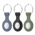 Set 3 huse de protectie din silicon pentru Apple AirTag cu pridere chei / zgarda/ geanta negru gri verde