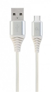 USB 2.0 (T) la USB 2.0 Type-C (T), 1m, premium, cablu cu impletire din bumbac, argintiu cu insertii albe, Gembird