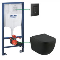 Set vas wc rimless negru cu capac soft close Minerva, rezervor incastrat Grohe Solido 3 in 1 cu clapeta Even, Fluminia x Grohe